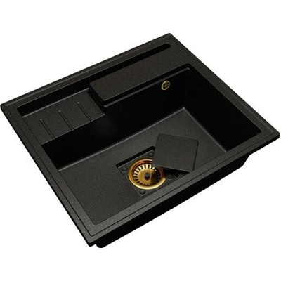 DobreSny Granitový dřez ELITE 6052 ČERNÝ S TEXTUROU ŽULY + zlatý sifon 60 x 52 x 21,5cm