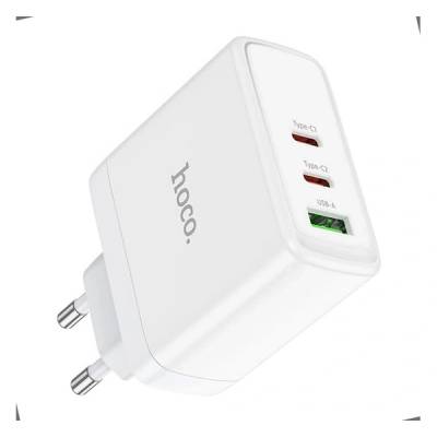 hoco. Зарядно устройство Hoco n30 usb+2 type-c socket, 65w, gan, pd fast charger 3.0, бяло (N30 WHITE)
