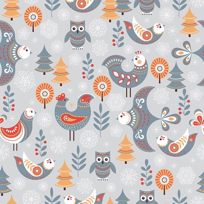 Látka softshell zimný - folklore birds in grey