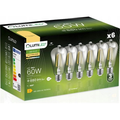 Lumiled 6x LED žárovka E27 8W = 65W 3000K FILAMENT EDISON