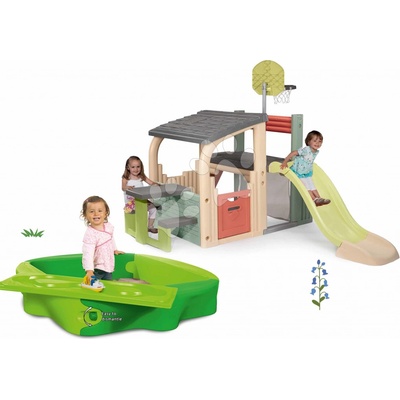 Smoby Set hrací centrum a pískoviště s krytem Multisport Fun Center Life se skluzavkou 150 cm a piknikový stolek s basketbalem