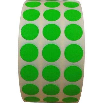 Papierová Etiketa kruh 15 mm, 3 - Produkcia, Papier, Zelená, Dutinka 76 mm, 6000 ks/kotúč ( 3 x 2000 ks ), Permanentné lepidlo, Priemer kotúča 112 mm