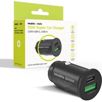 Mobile Origin Зарядно за кола с USB-C и USB-A изходи с технология за бързо зареждане - Mobile Origin CA19 Metal Quick Car Charger 30W (черен) (MO-30WSCCH-CA19)