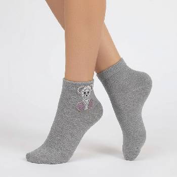 Дамски памучни чорапи в сиво с мече от мъниста