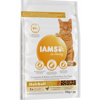Iams Суха храна за жизненост и косъмчета за възрастни и възрастни котки, с пилешко месо 10 кг