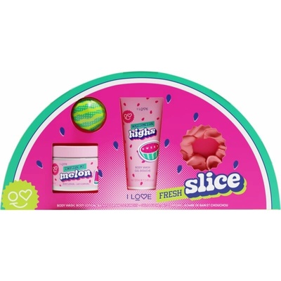 I Love Fresh Slice koupelová bomba 50 g + sprchový gel 100 ml + tělové mléko 150 ml + gumička do vlasů 1 ks