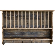 Hnědá antik dřevěná nástěnná polička s přihrádkami a háčky Plate Rack - 80*20*55 cm