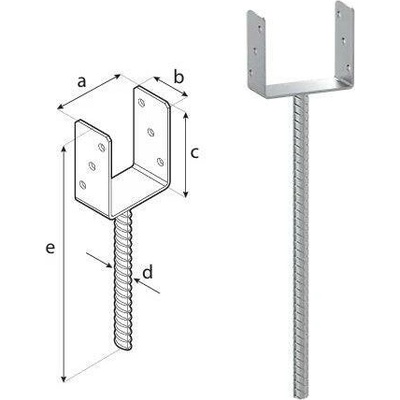 Domax zapuštěná patka sloupku typu U na dlouhé tyči (ZNO) PS 500 / 140 U - 141 x 60 x 124 x 4.0 mm