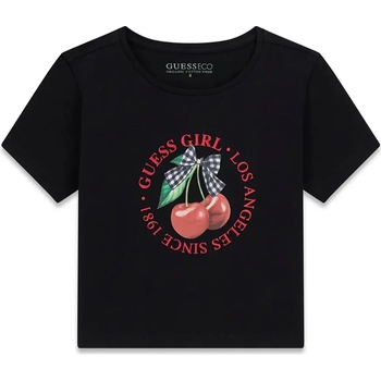 GUESS Черна тениска за момиче с черешки и червени надписи Guess