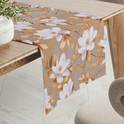 Biante bavlna běhoun Sandra SA-717 Bílé květy magnolie na hnědošedém 45x140 cm