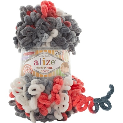 Alize Puffy fine color 6518 šedá, bílá, jemná červená