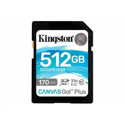 Карта памет 512GB SDXC, Kingston Canvas GO! +, Class 10, скорост на четене 170 MB/sec, скорост на запис 90 MB/sec (SDG3/512GB)