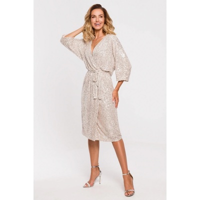 M653 Midi sequin dress with wrap front šampanské