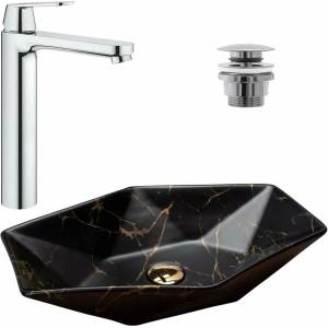 GROHE Комплект за мивка за плот Rea Vegas, черен цвят 56.5 см, смесител за умивалник Grohe Eurosmart Cosmopolitan XL хромиран и кран за умивалник Click-Clack хромиран (5902557358205+23921000+5902557344925)