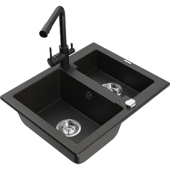 Mexen Carlos гранитна кухненска мивка 1, 5-камерна с кухненски смесител Duero, черен/златен металик - 6518-75-671600-70 (6518-75-671600-70)