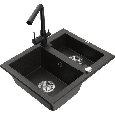 Mexen Carlos гранитна кухненска мивка 1, 5-камерна с кухненски смесител Duero, черен/златен металик - 6518-75-671600-70 (6518-75-671600-70)