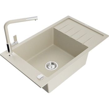 Mexen Elias гранитна мивка с 1 отделение и отцеждачка и кухненски смесител Flora, бежов - 6511-69-670401-09 (6511-69-670401-09)