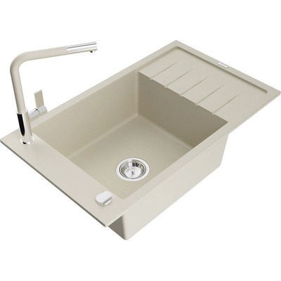 Mexen Elias гранитна мивка с 1 отделение и отцеждачка и кухненски смесител Flora, бежов - 6511-69-670401-09 (6511-69-670401-09)