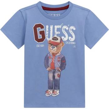 GUESS Тениска с къс ръкав за мини момче в син цвят с мече и надпис Guess