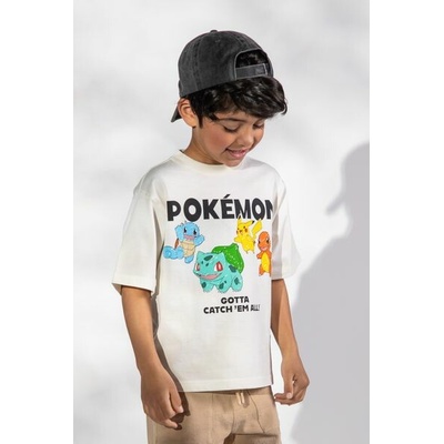 Coccodrillo Bavlněné tričko s krátkým rukávem ecru s nápisy a potiskem Pokémonů vpředu licence POKÉMON