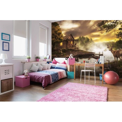 DIMEX ART Самозалепваща се флизелинова фототапета дървена къща край потока 375 x 250 см