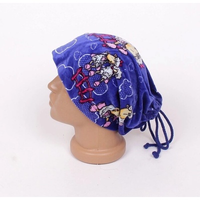 Плюшена тъмносиня шапка с цветна щампа