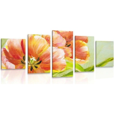 5-dílný obraz červené tulipány ve vintage provedení - 100x50