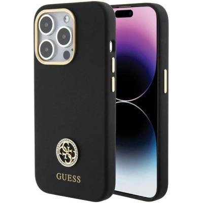 GUESS Силиконов 4G калъф Guess Logo Strass за iPhone 15 Pro - черен