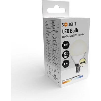 Solight LED žárovka , miniglobe, 8W, E14, 4000K, 720lm, bílé provedení