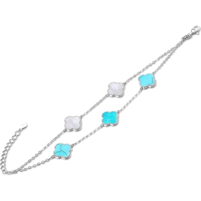 MINET 2251 Stříbrný náramek ČTYŘLÍSTKY s bílou perletí a tyrkysem