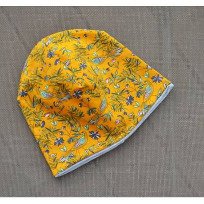 dětská čepice dvouvrstvá Ptáčci na hořčicové