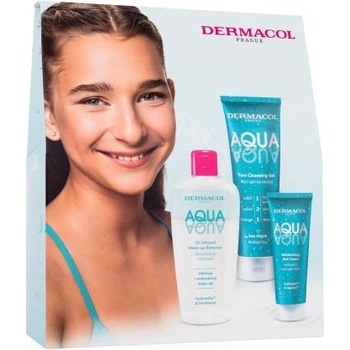 Dermacol Aqua подаръчен комплект: крем за лице Aqua Moisturizing Rich Cream 50 ml + почистващ гел за лице Aqua Face Cleansing Gel 150 ml + средство за премахване на грим Aqua Oil-Infused Make-Up Remover 200 ml за жени