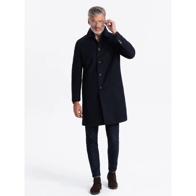 Ombre Men's long single-breasted coat with collar and undercoat navy blue čierna