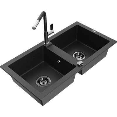 Mexen Mario гранитна мивка с 2 отделения и кухненски смесител Flora, черен/сребърен металик - 6504-73-670401-07-B (6504-73-670401-07-B)