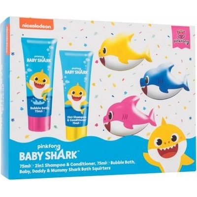 Pinkfong Baby Shark pěna do koupele Baby Shark 75 ml + 2in1 šampon a kondicionér Baby Shark 75 ml + hračka do koupele 3 ks darčeková sada