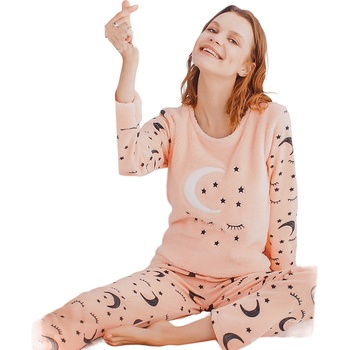Image 1 of Дамска поларена пижама в цвят праскова с луна и звезди
