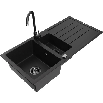 Mexen Andres гранитна мивка 1, 5-коморна с отцедник и кухненски смесител Telma, черен - 6515-77-670200-70-B (6515-77-670200-70-B)