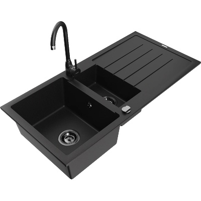 Mexen Andres гранитна мивка 1, 5-коморна с отцедник и кухненски смесител Telma, черен - 6515-77-670200-70-B (6515-77-670200-70-B)
