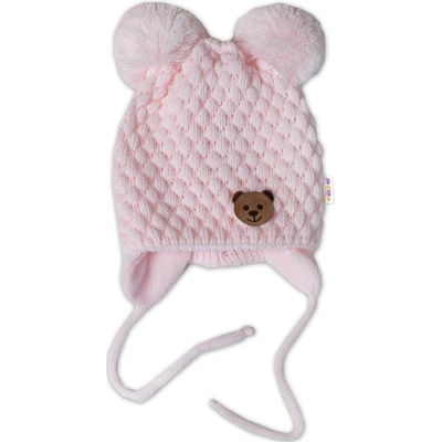 Baby Nellys Zimná pletená čiapka Teddy Bear na zaväzovanie ružová