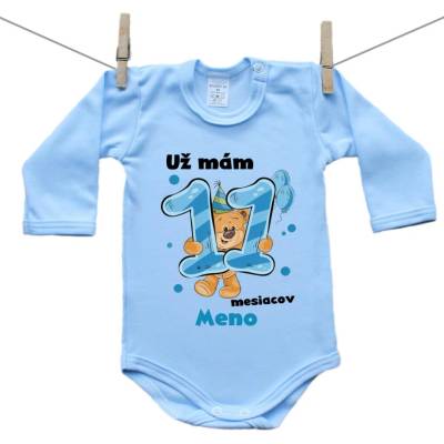 Boodyy Modré body s dlhým rukávom Už mám 11 mesiacov s Medvedíkom a menom dieťatka Chlapec