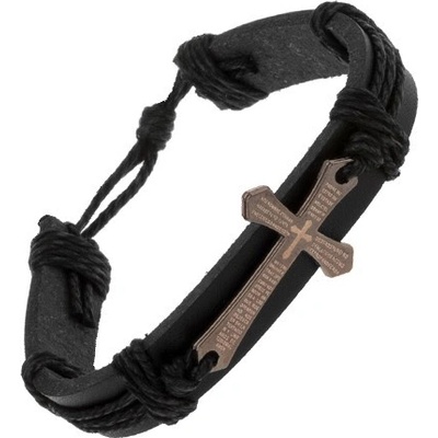 Šperky eshop náramek z černé umělé kůže a šňůrek velký lesklý kříž s modlitbou Z01.15
