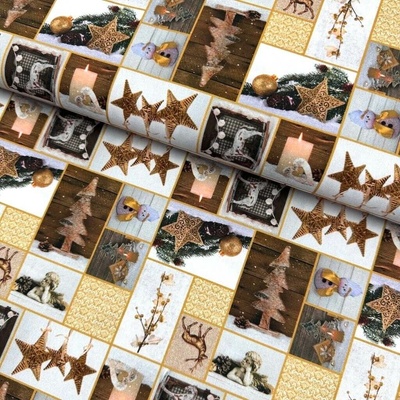 Bavlna digital - Vianoce Patchwork hnedý