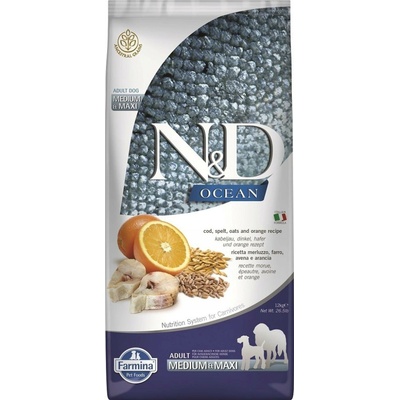 N&D Ocean Dog Adult Medium & Maxi Ancestral Grain Cod Spelt Oats & Orange 12 kg