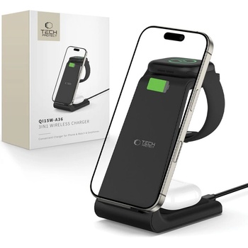 Tech-Protect Безжична станция за зареждане 3 в 1 за iPhone, AirPods и Apple Watch от Tech-Protect QI15W-A36 - Черен (5906302372140)