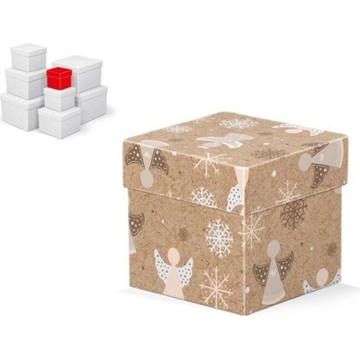 MFP vianočná darčeková krabica s vekom, rozmer 8x8x8cm, hnedý kraft s potlačou