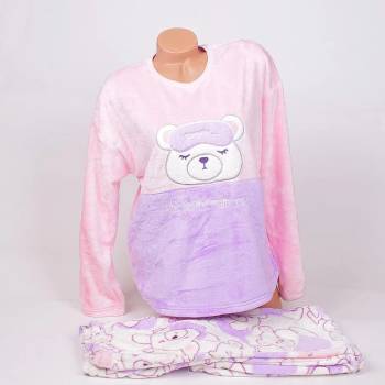 Image 1 of Мека дамска пижама в розово, лилаво и бяло с мече