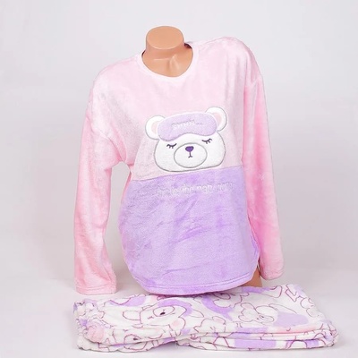 Мека дамска пижама в розово, лилаво и бяло с мече