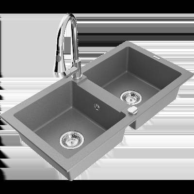 Mario кухненска мивка от гранит с 2 камери с кухненски смесител Elia, сив - 6504-71-670101-00 (6504-71-670101-00)