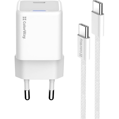 ColorWay AC зарядно устройство GaN Mini CW-CHS052PDC-WT 25W PD порт PPS USB-C бял кабел Type-C (CW-CHS052PDC-WT)