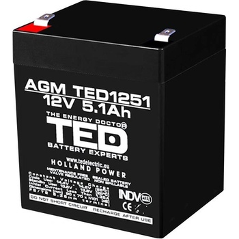 Ted electric Оловна батерия TED ELECTRIC AGM, 12V, 5Ah, 90/ 70/ 10 1mm, Терминал 2 (TED-12V-5AH)